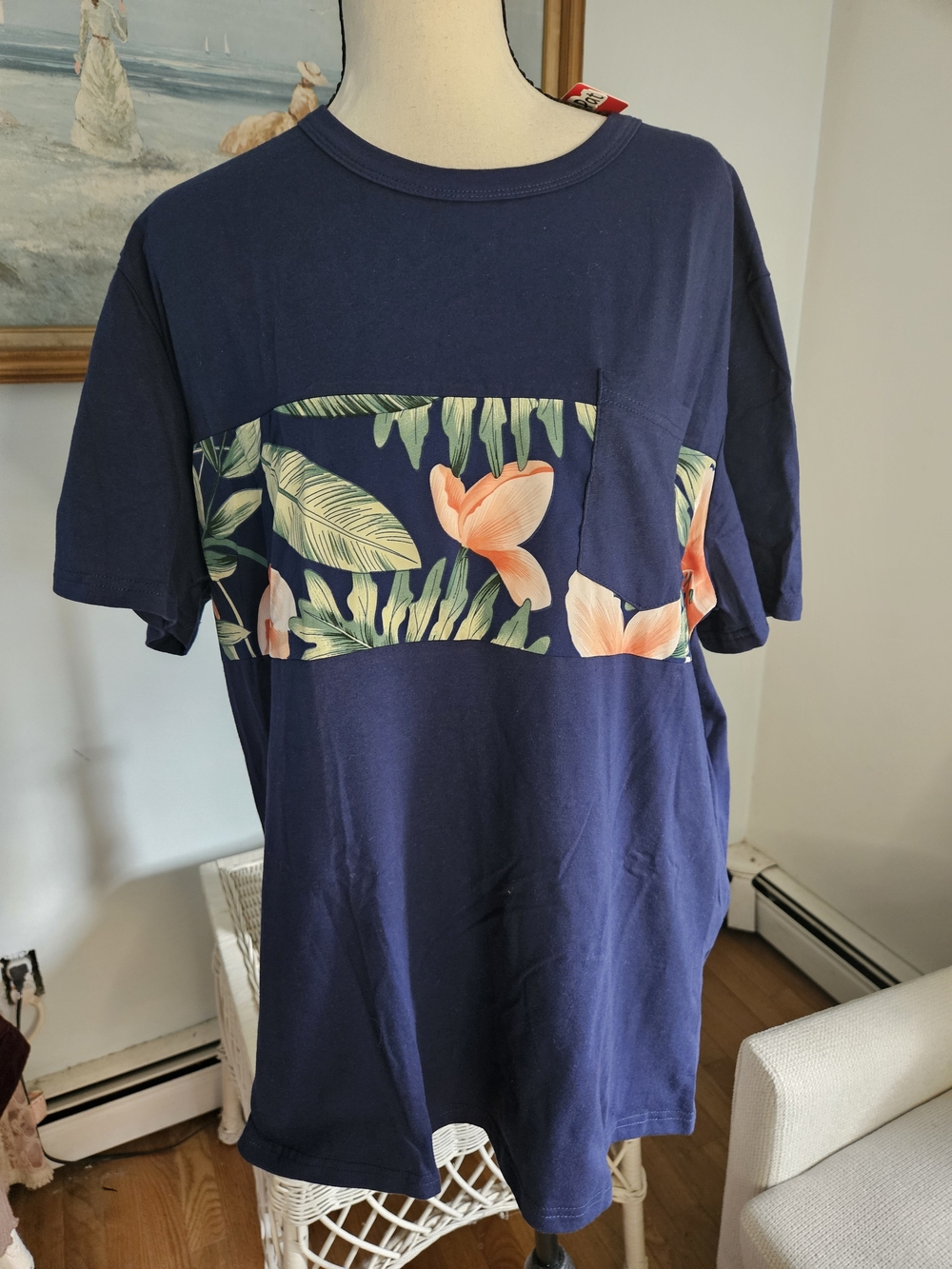 PatPat Navy Short-Sleeve Tee with Coral Floral Chest Panel P136